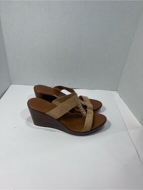 Italian Shoemakers Tan Suede Wedge Slide Sandals with Chain Accent